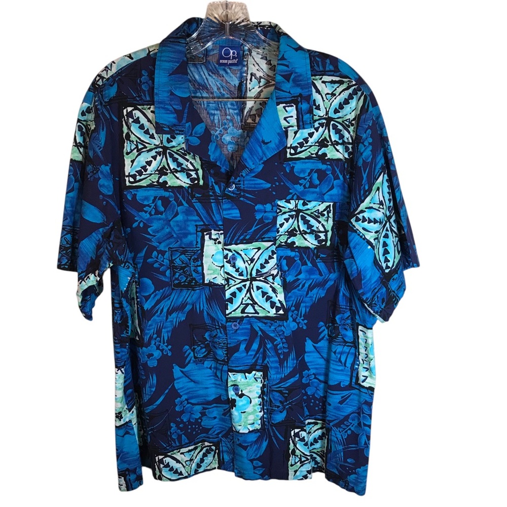Vtg Ocean Pacific OP XL Blue Batik Print Cotton Camp Hawaiian Shirt tropical